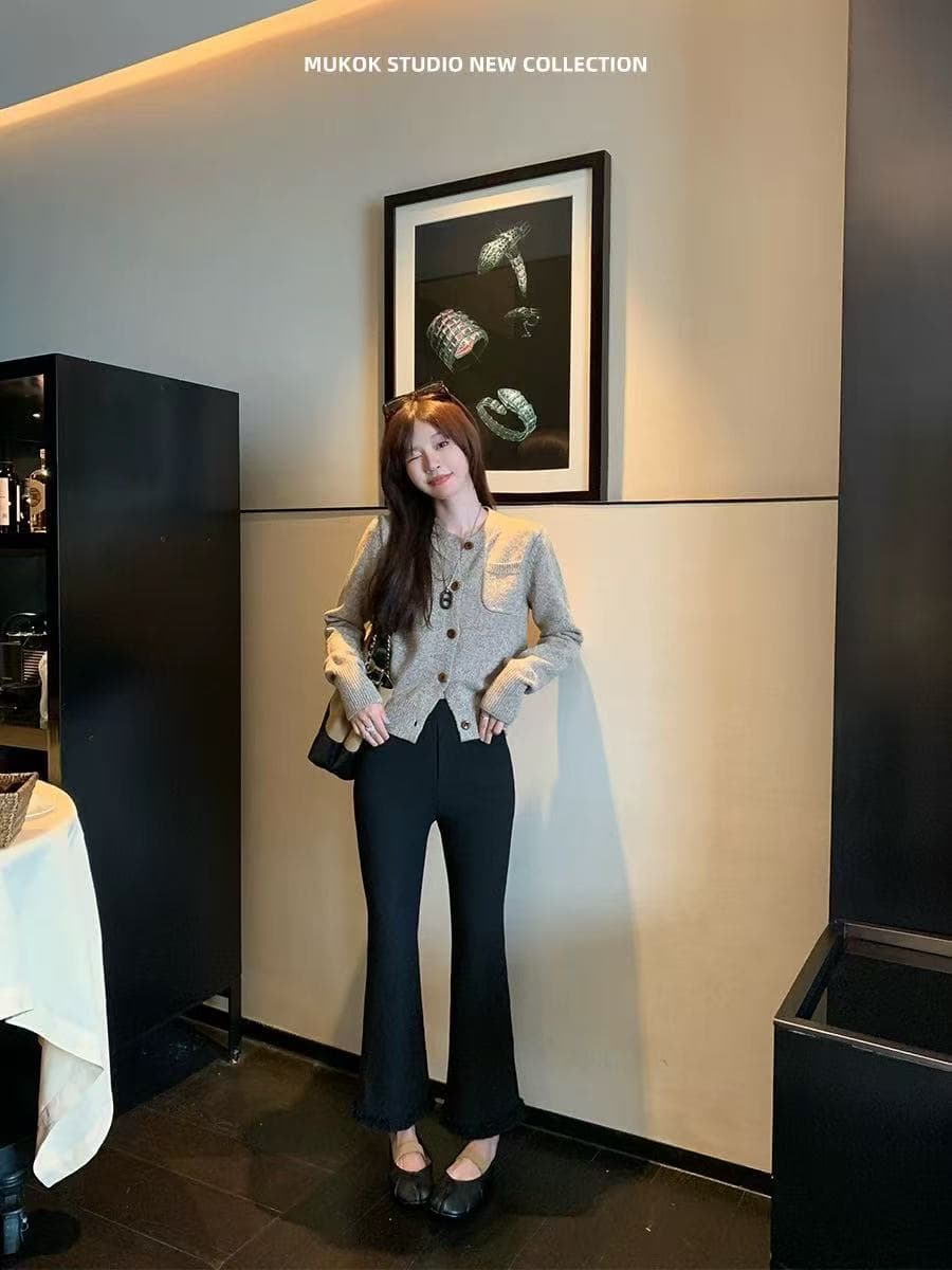 배색 부드러운 찹쌀 이중선 라운드 넥 모직물 오픈 가디건 클래식 작은 샤넬 스타일 긍정적 인 어깨 쇼트 스타일 맨위 상세 이미지 3