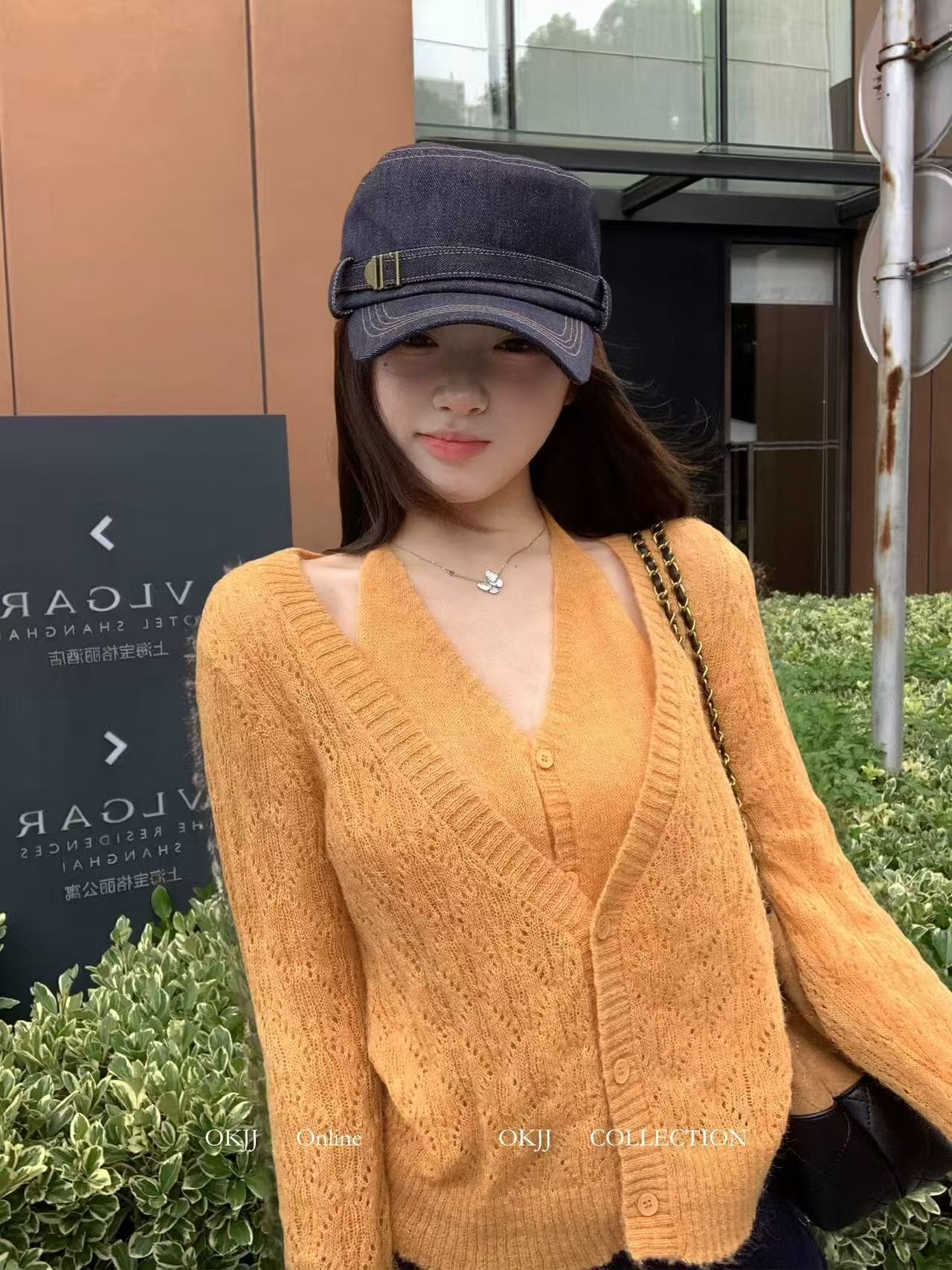 홀로우 아웃 V넥 페이크 레이어드 니트 오픈 가디건 여성 행침 목 싱글 줄 버튼 부드러운 바람 얇은 스타일 긴팔 스웨터 코트 상세 이미지 1
