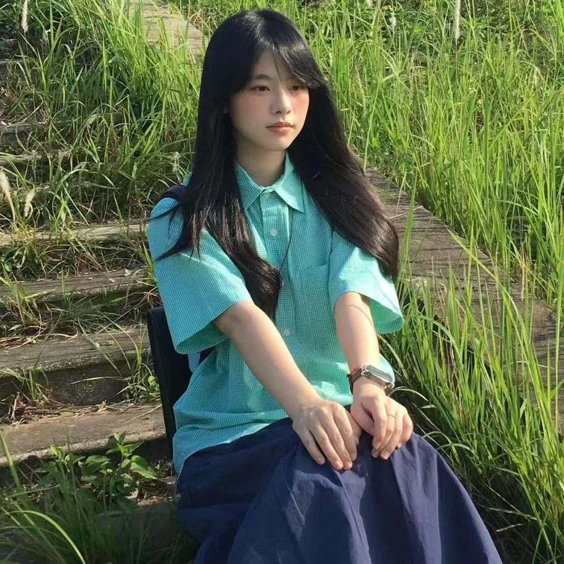일본식 캐주얼 박하 녹색 체크무늬 반팔 여성 셔츠 2026 새로운 여름 루즈핏 슬림해 보이는 긍정적 인 어깨 외출용 셔츠 상세 이미지 3