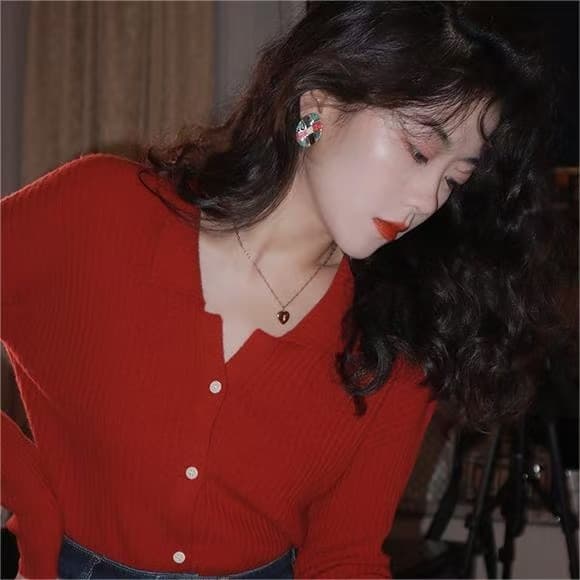 항구 바람 레트로 빨간색 니트 오픈 가디건 여성 2026 가을 겨울 인사이드 가져 가라. 몸매 가꾸기 슬림해 보이는 만나는 맨위 POLO 칼라 스웨터