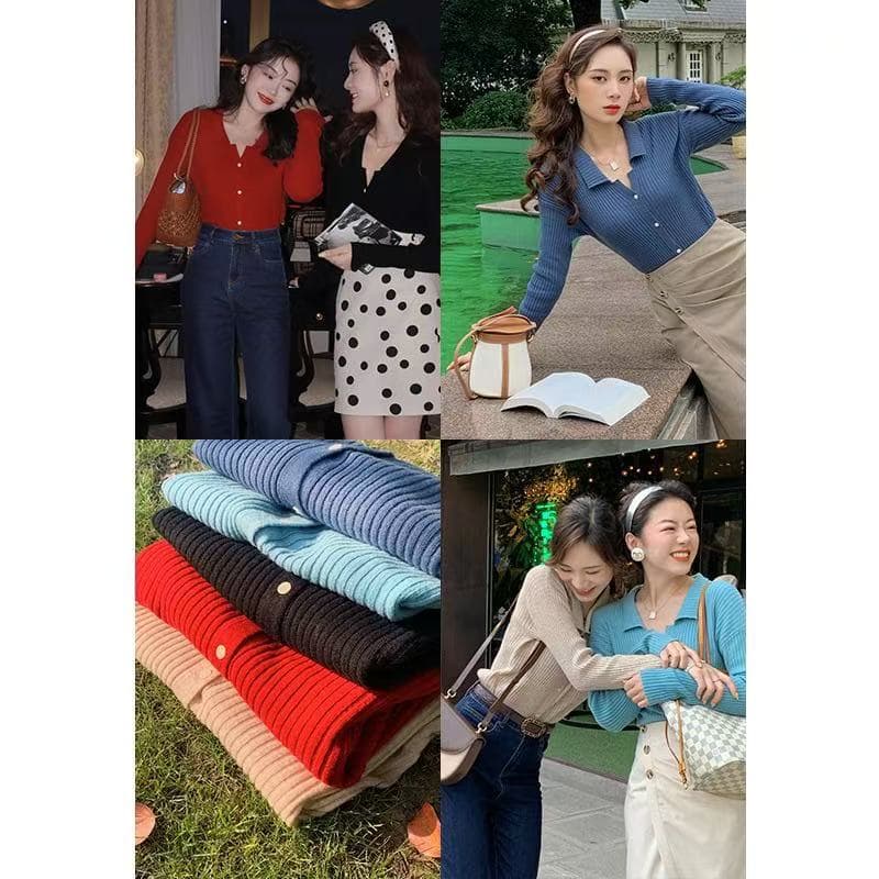 항구 바람 레트로 빨간색 니트 오픈 가디건 여성 2026 가을 겨울 인사이드 가져 가라. 몸매 가꾸기 슬림해 보이는 만나는 맨위 POLO 칼라 스웨터 상세 이미지 2
