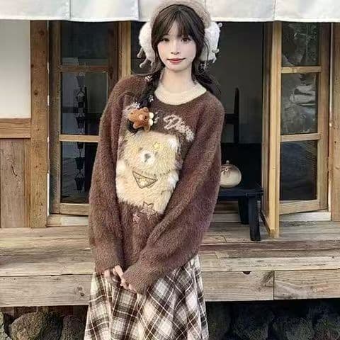 달콤함 작은 곰 자카드 부드러운 찹쌀 스웨터 여자 가을 겨울 느긋한 바람 루즈핏 모헤어 니트 맨위 이미지 2