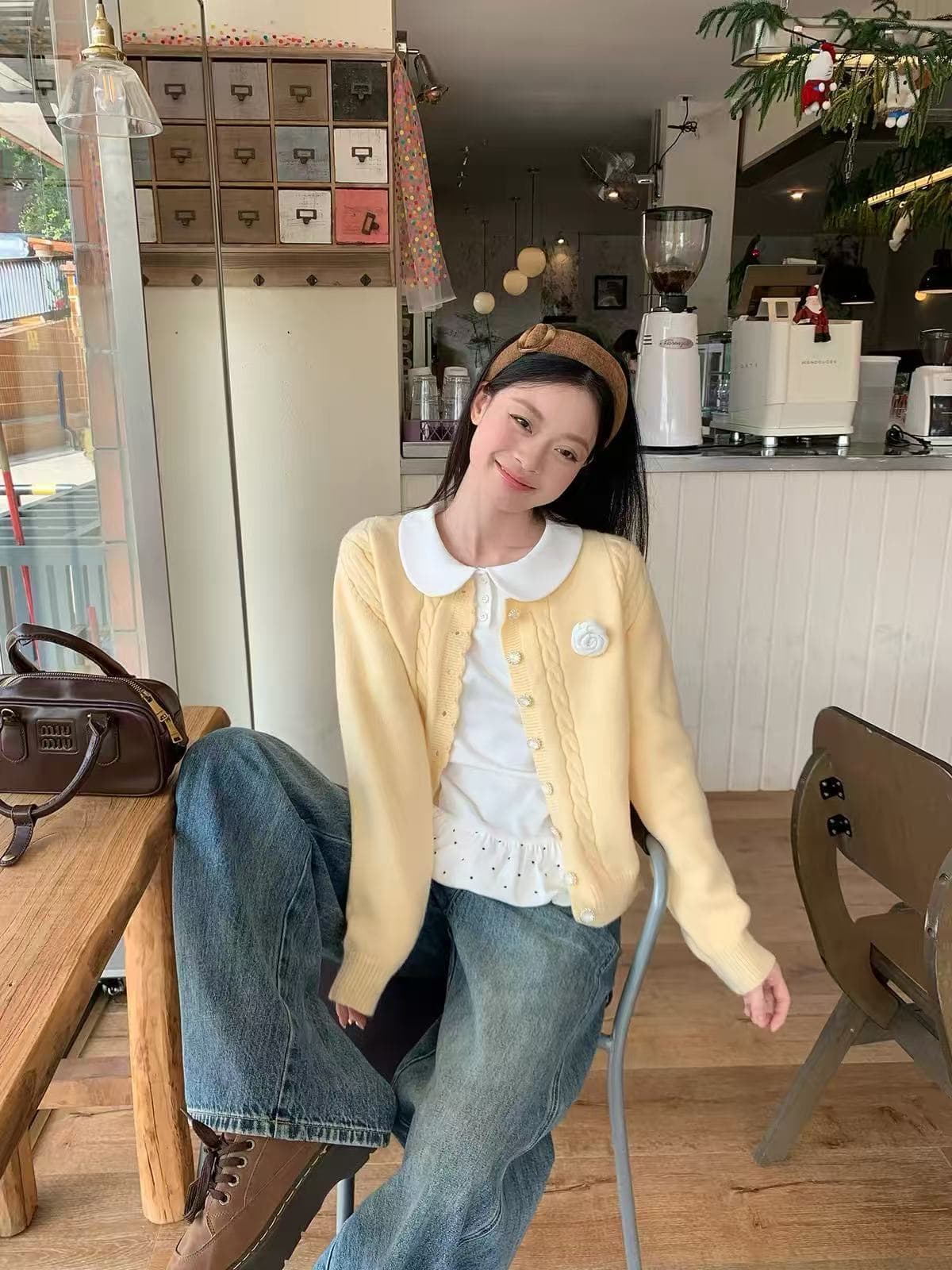 송 긍정적 인 En 거위 옐로우 꽈배기 디자인 센스 부드러운 찹쌀 니트 오픈 가디건 스웨터 여자 새로운 가을 한 부서 슬림해 보이는 맨위 상세 이미지 4