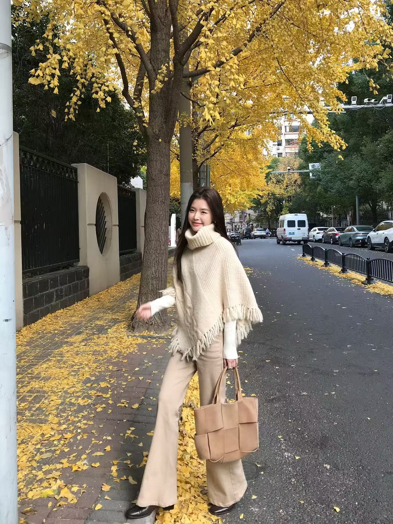 술 숄 망토 가을 겨울철 루즈핏 느긋한 바람 터틀넥 스웨터 불규칙 여성 코트 상세 이미지 1