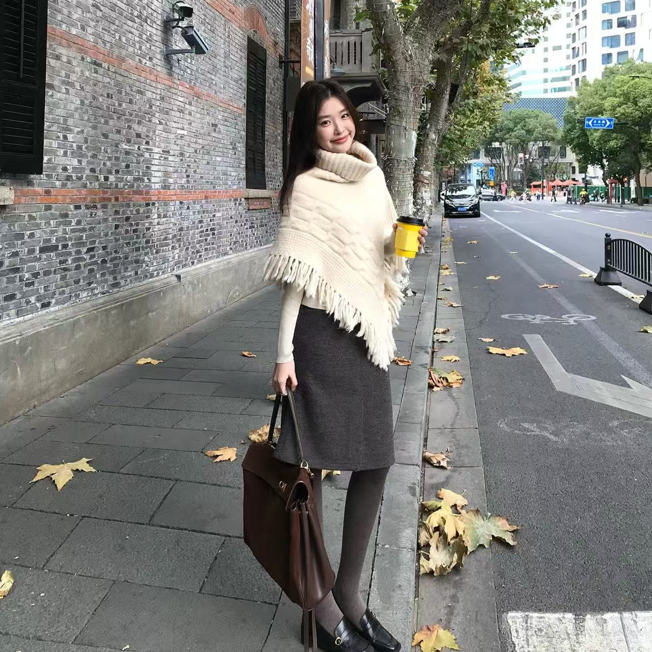 술 숄 망토 가을 겨울철 루즈핏 느긋한 바람 터틀넥 스웨터 불규칙 여성 코트 상세 이미지 5