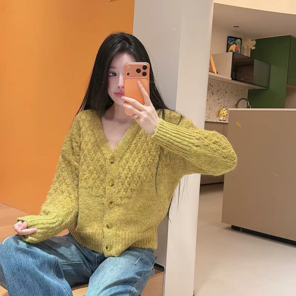 V넥 느긋한 바람 긴팔 부드러운 찹쌀 스웨터 니트 오픈 가디건 여성 가을 겨울 한 부서 캐주얼 루즈핏 슬림해 보이는 외부 가져 가라. 재킷 상세 이미지 5
