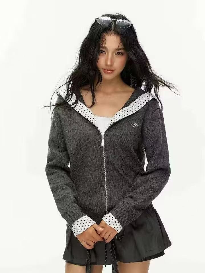 waitingwave 대기 중 웨이브 도트 무늬 패치워크 후드 스웨터 오픈 가디건 여성 이른 가을 루즈핏 지퍼 니트 재킷