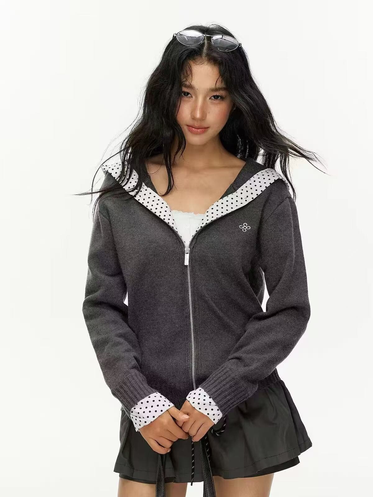 waitingwave 대기 중 웨이브 도트 무늬 패치워크 후드 스웨터 오픈 가디건 여성 이른 가을 루즈핏 지퍼 니트 재킷 상세 이미지 4