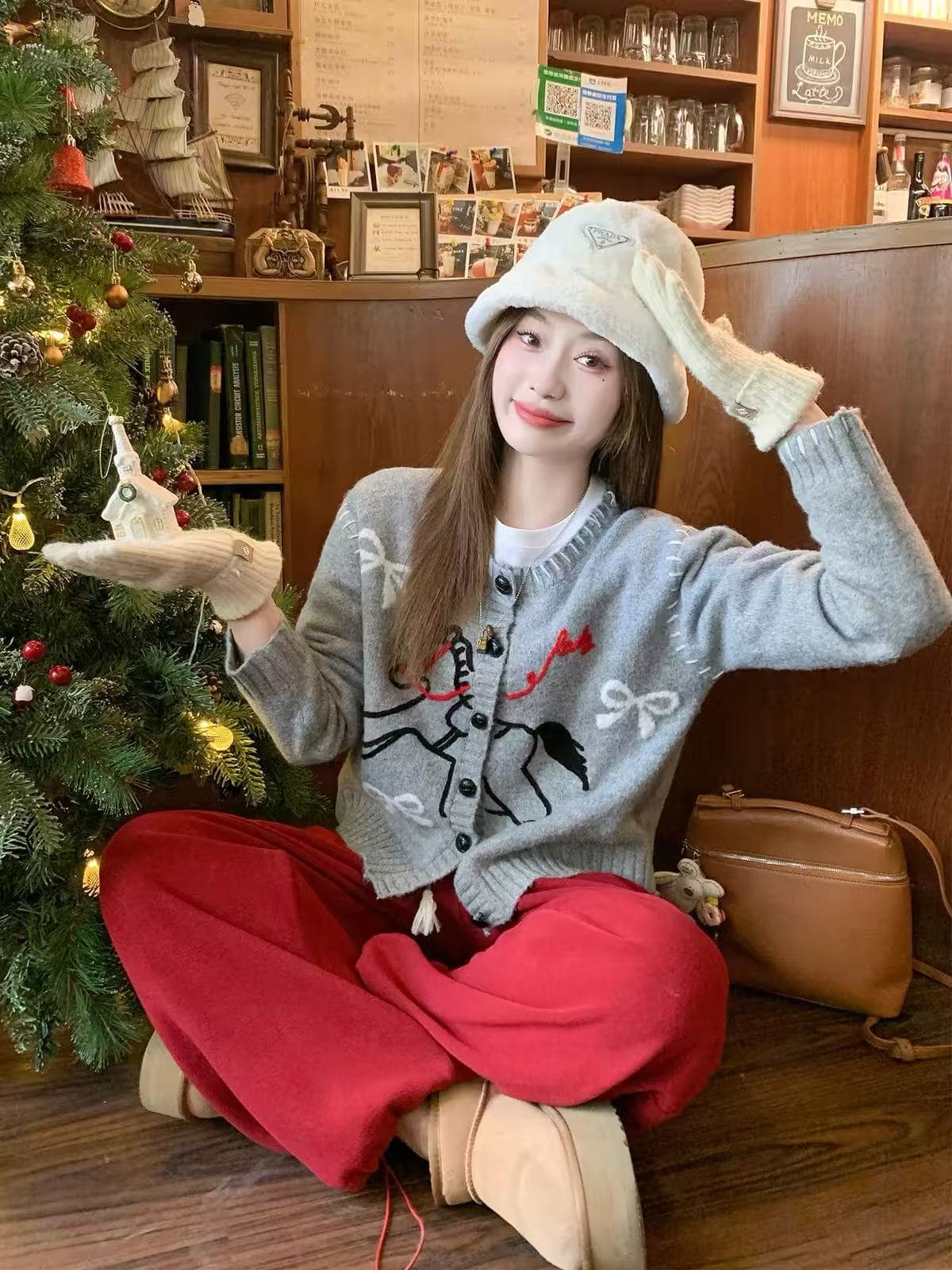 한 번 작은 짭짤한 한 부서 회색 자수 스웨터 오픈 가디건 여성 가을 겨울철 새로운 루즈핏 느긋한 니트 재킷 맨위 상세 이미지 2