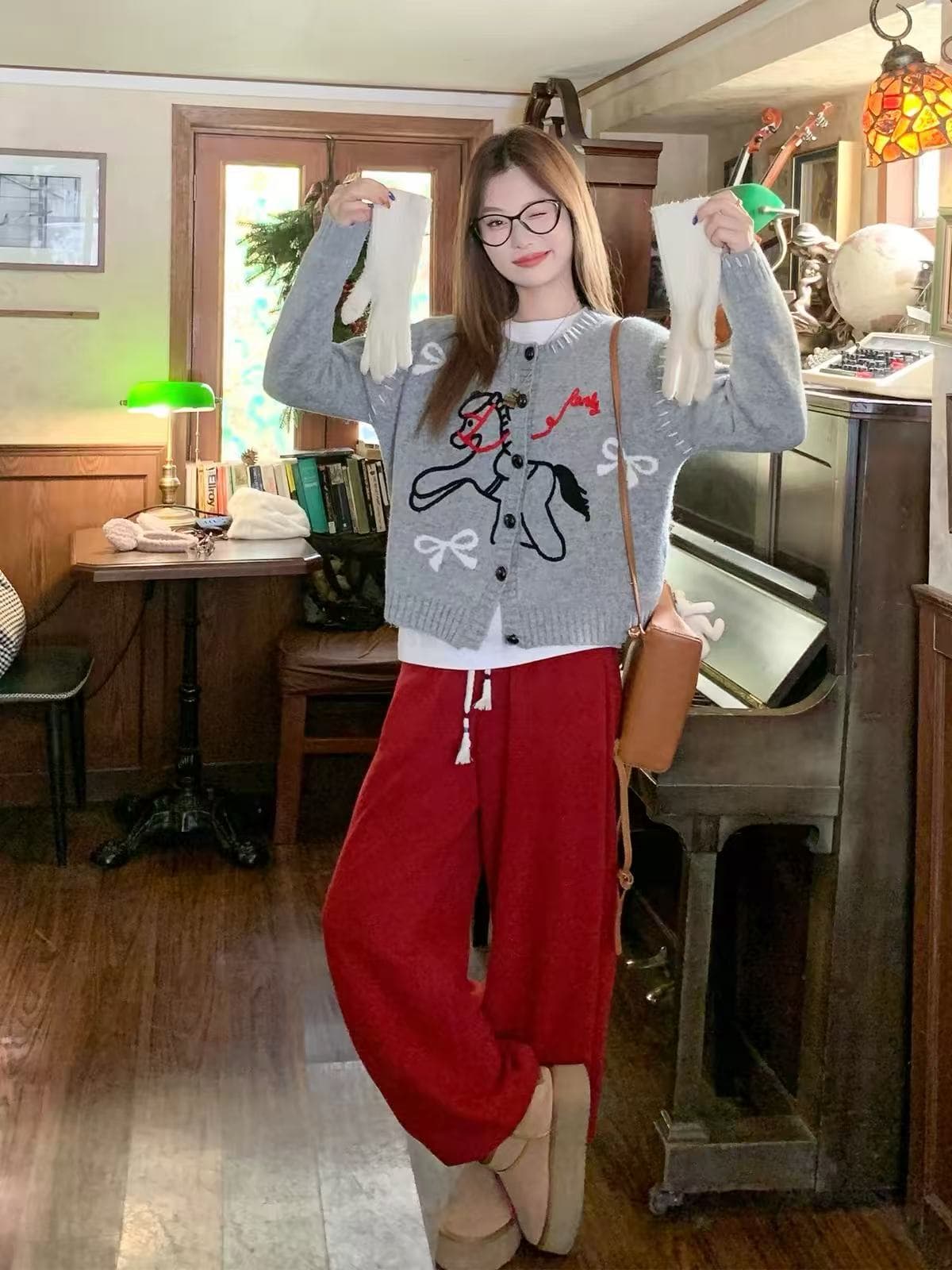 한 번 작은 짭짤한 한 부서 회색 자수 스웨터 오픈 가디건 여성 가을 겨울철 새로운 루즈핏 느긋한 니트 재킷 맨위 상세 이미지 5