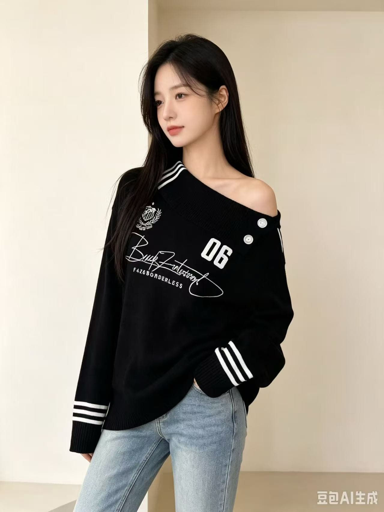 2026 가을 겨울철 새로운 오프숄더 배색 레트로 학원 스웨터 슈퍼 잘 생긴 상세 이미지 1