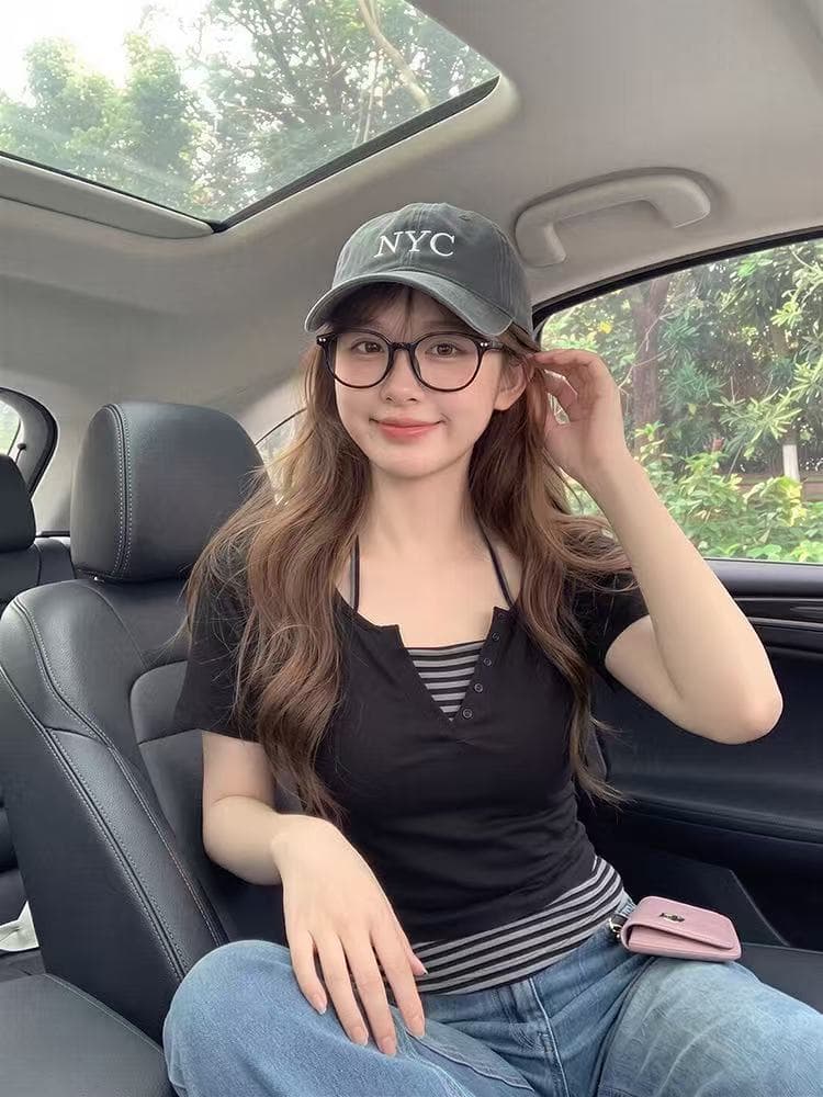 한 부서 스트라이프 페이크 레이어드 패치워크 V넥 행침 목 반팔 티셔츠 여성 여름 순수한 욕망 핫걸 쇼트 스타일 긍정적 인 어깨 작은 맨위 상세 이미지 1