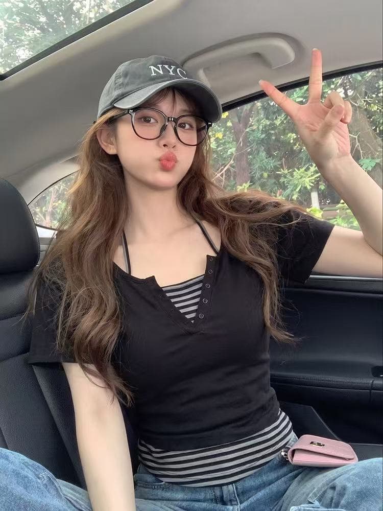 한 부서 스트라이프 페이크 레이어드 패치워크 V넥 행침 목 반팔 티셔츠 여성 여름 순수한 욕망 핫걸 쇼트 스타일 긍정적 인 어깨 작은 맨위 상세 이미지 3