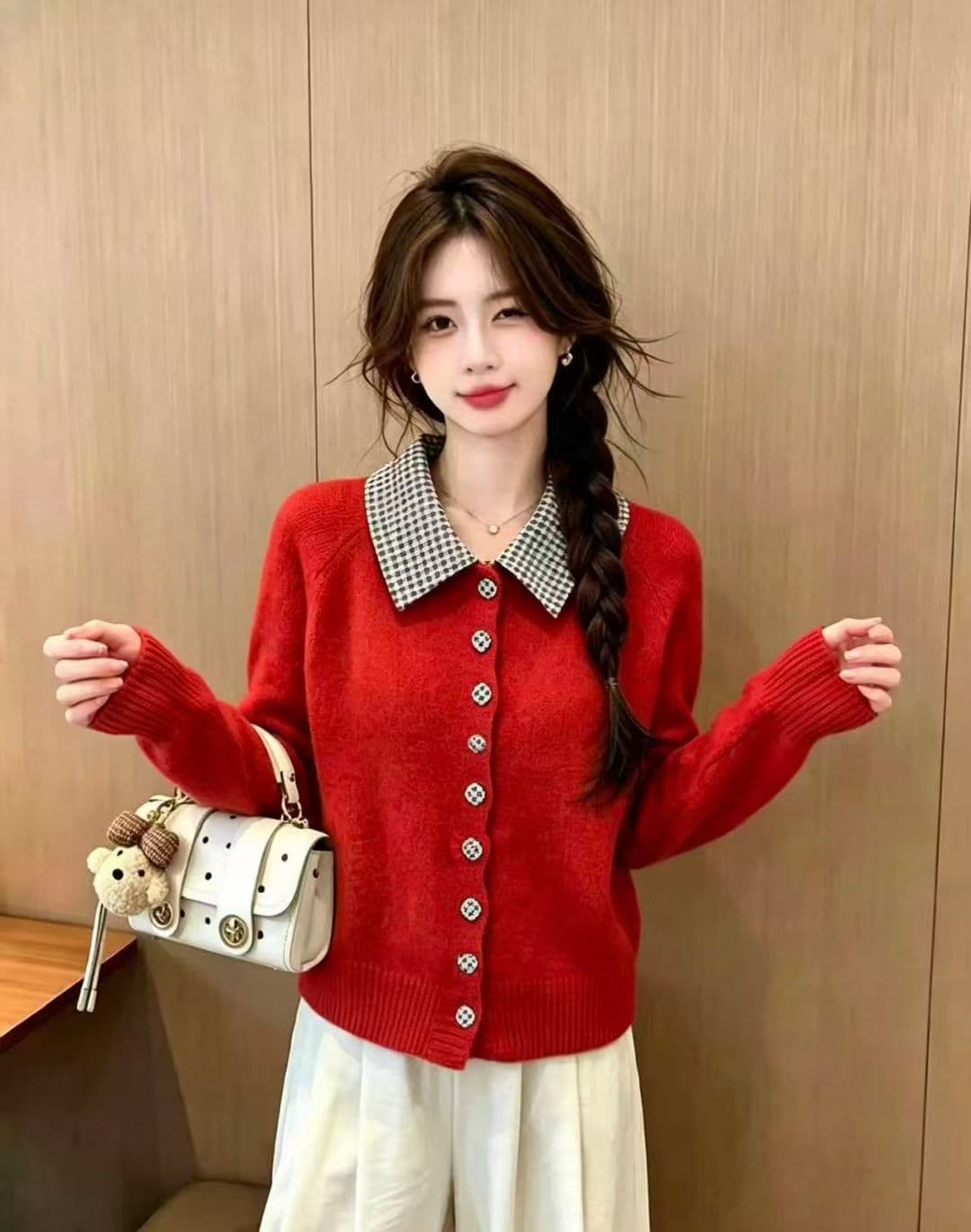 배색 체크무늬 폴로 칼라 니트 오픈 가디건 작은 키 쇼트 스타일 스웨터 여성 코트 가을 이미지 2