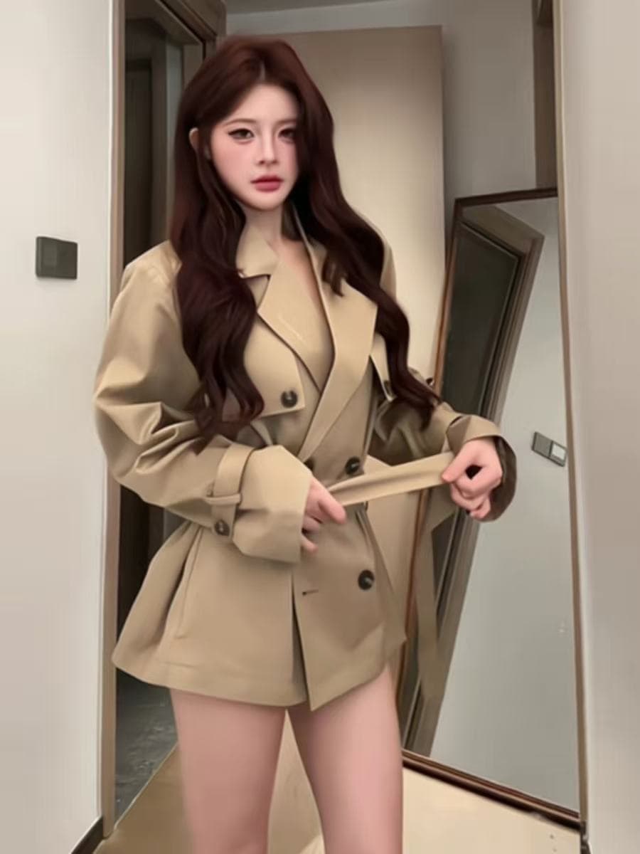 영국식 바람 카키 색 바람막이 여성 코트 봄 가을 새로운 고급 센스 품격 허리 수축 작은 키 쇼트 스타일 코트