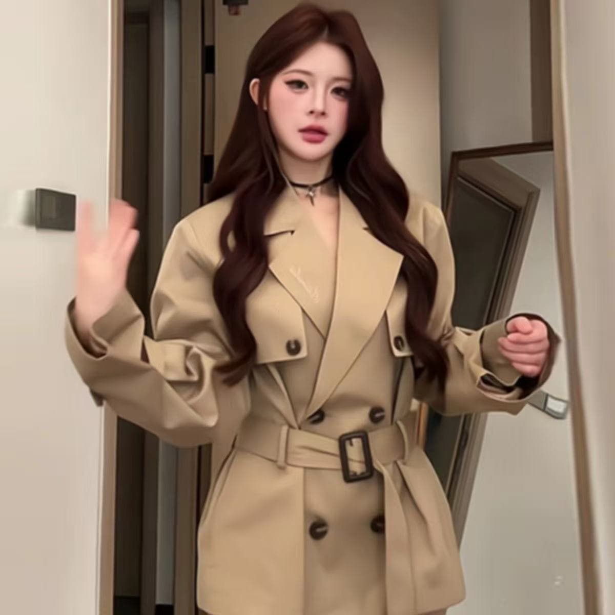 영국식 바람 카키 색 바람막이 여성 코트 봄 가을 새로운 고급 센스 품격 허리 수축 작은 키 쇼트 스타일 코트 이미지 5