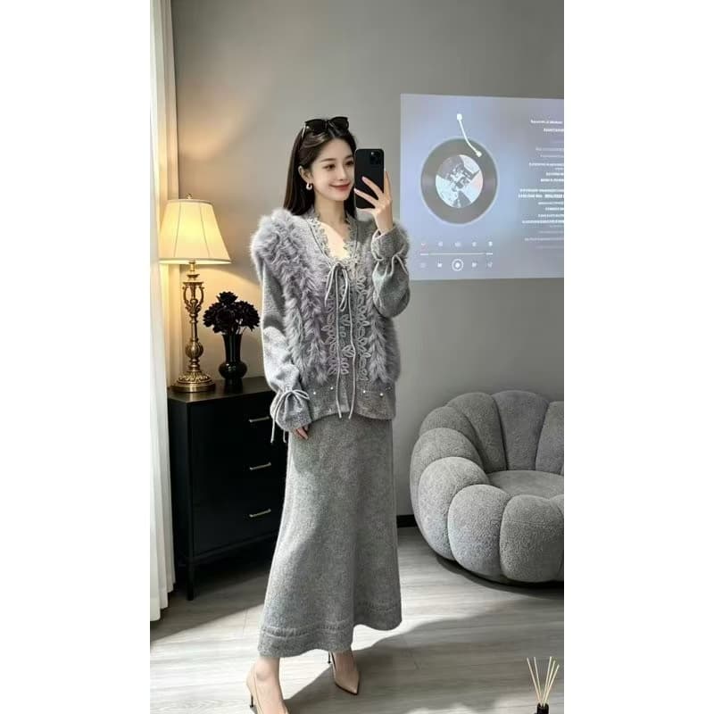 파일 입 새로운 2026 년 가을 겨울 새로운 여성 의류 니트 오픈 가디건 스웨터 세트 롱 스커트 투피스 세트 상세 이미지 4