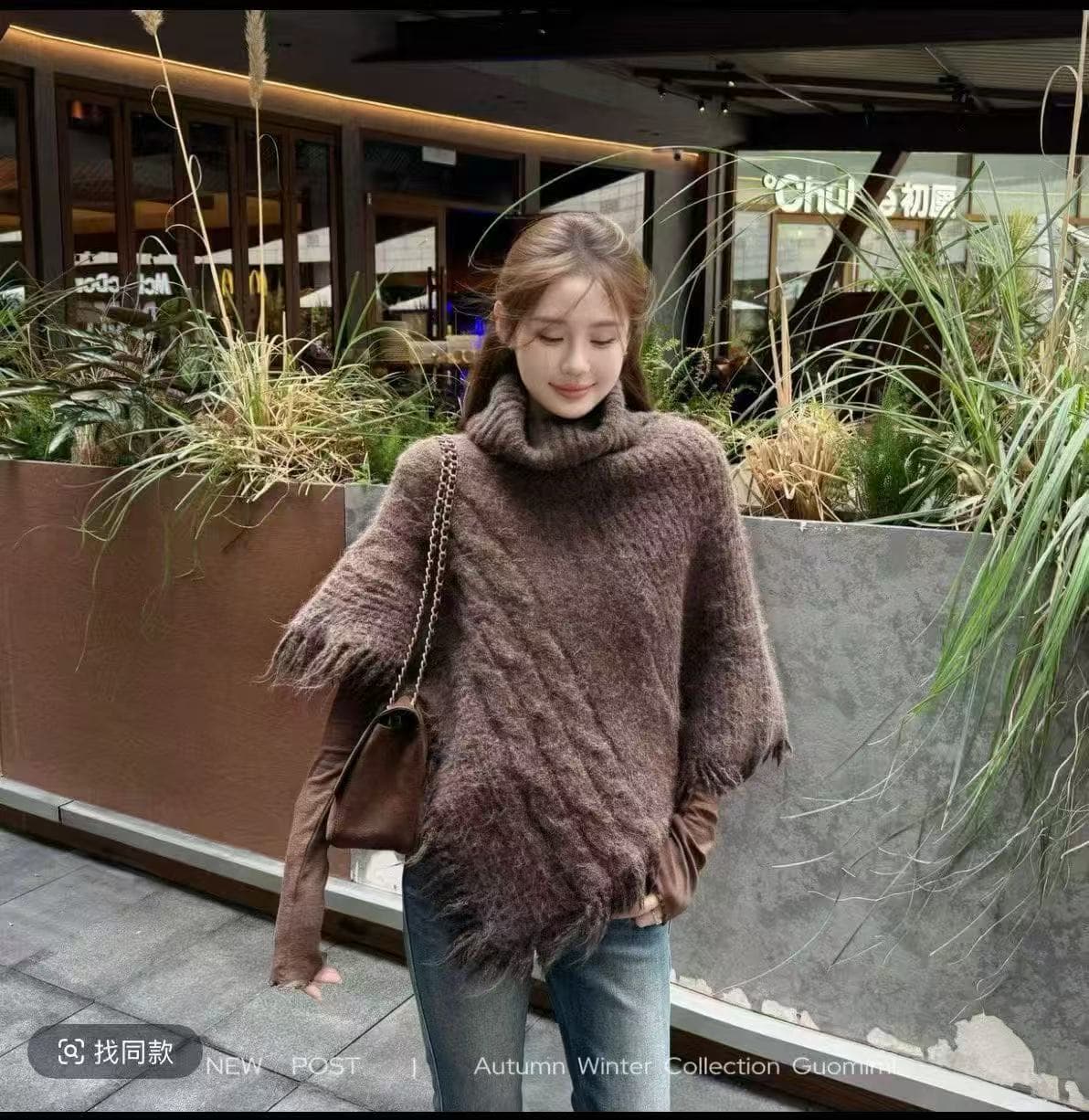 가을 겨울 새로운 소나무 섬 겨울 느긋한 바람 분위기 센스 불규칙 술 망토 숄 스웨터 코트 이미지 3