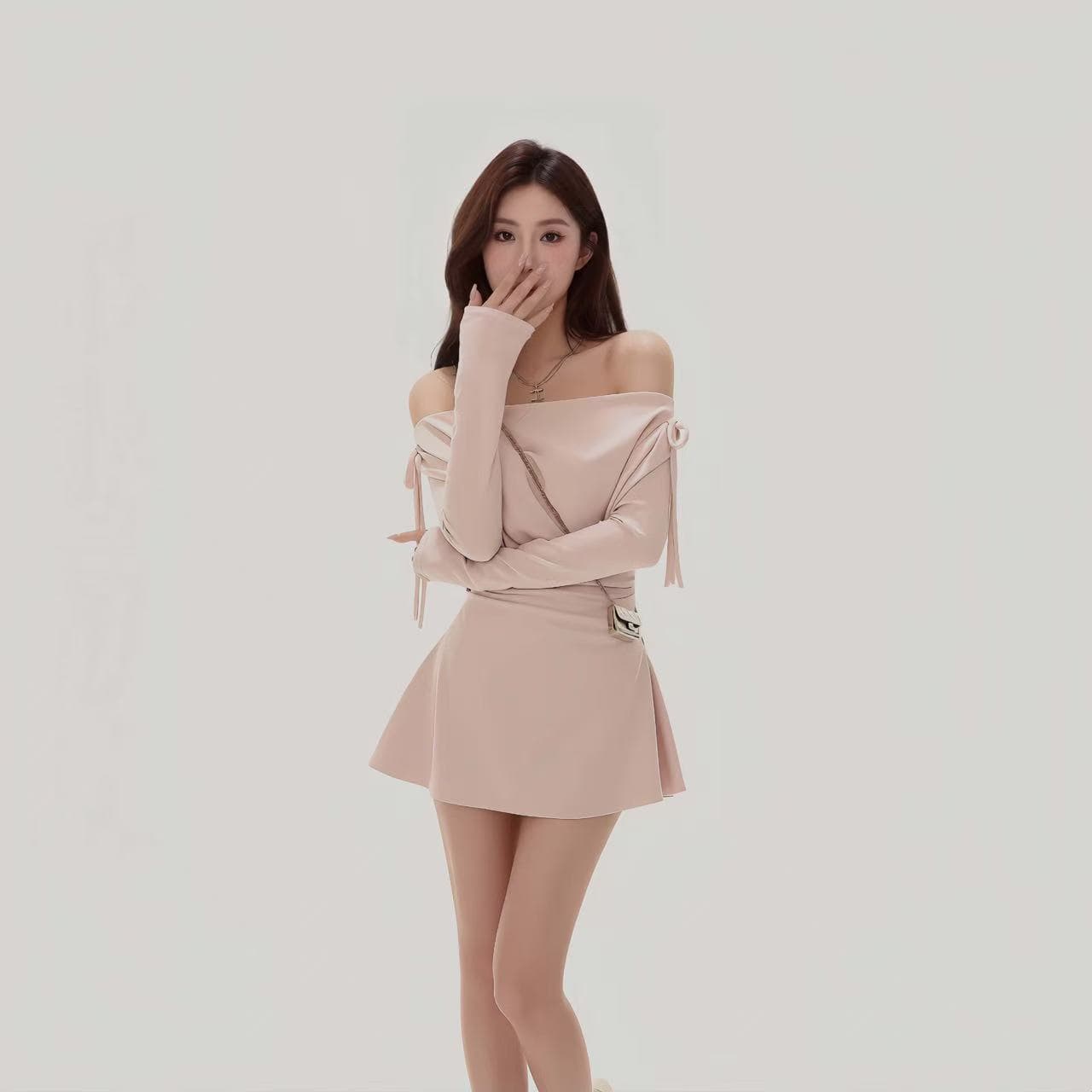 연인 핫걸 바람 오프숄더 나비 넥타이 여성 드레스 가을 겨울철 허리 수축 한 마디 미니 스커트 이미지 3