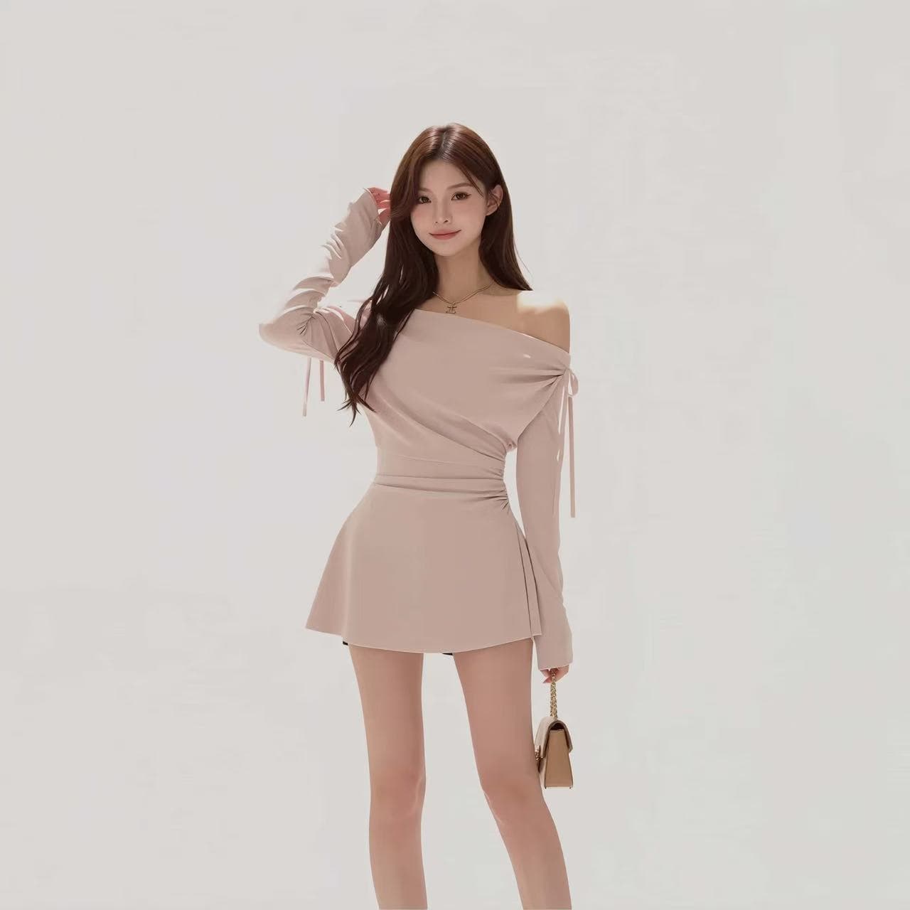 연인 핫걸 바람 오프숄더 나비 넥타이 여성 드레스 가을 겨울철 허리 수축 한 마디 미니 스커트 이미지 4