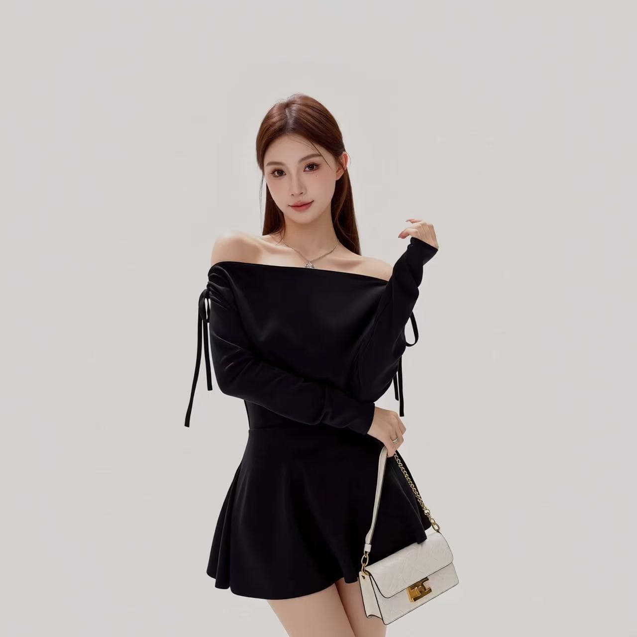 연인 핫걸 바람 오프숄더 나비 넥타이 여성 드레스 가을 겨울철 허리 수축 한 마디 미니 스커트 상세 이미지 4