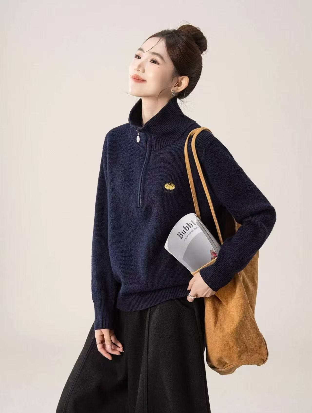 느긋한 바람 하프 지퍼 터틀넥 스웨터 여자 2026 가을 겨울 새로운 루즈핏 다용도 슬림해 보이는 두꺼운 보온 니트 스웨터 이미지 4