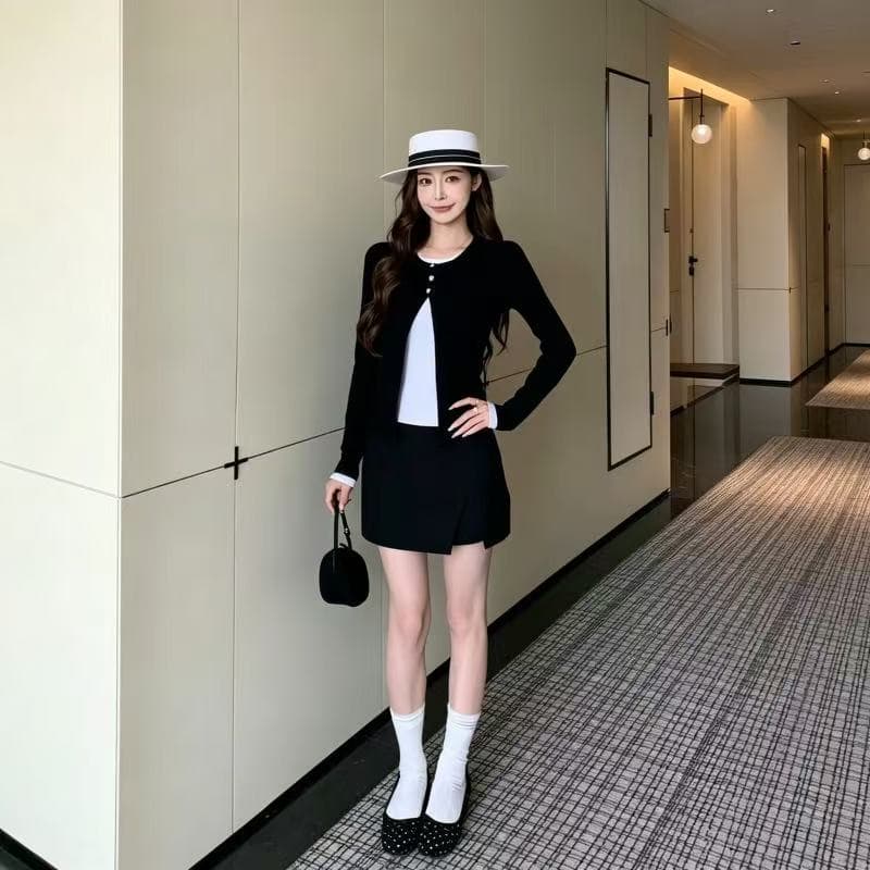 사람들 면 260 그램 닫기 자동차 선 11 바늘 페이크 레이어드 배색 오픈 가디건 긴팔 티셔츠 여성 가을 맨위