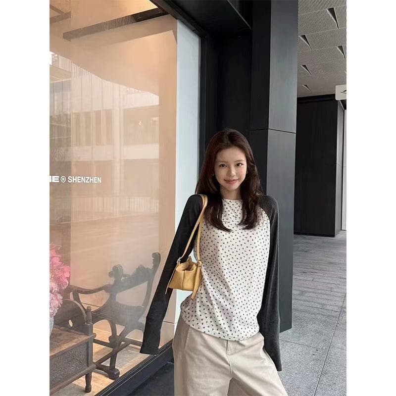 0g 사람들 면 천 인쇄 꽃무늬 탄소 회색 긴팔 라운드 넥 티셔츠 가을 삽입 어깨 의류