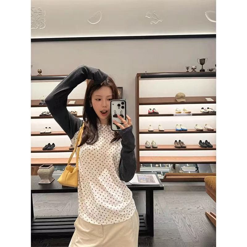 0g 사람들 면 천 인쇄 꽃무늬 탄소 회색 긴팔 라운드 넥 티셔츠 가을 삽입 어깨 의류 이미지 2