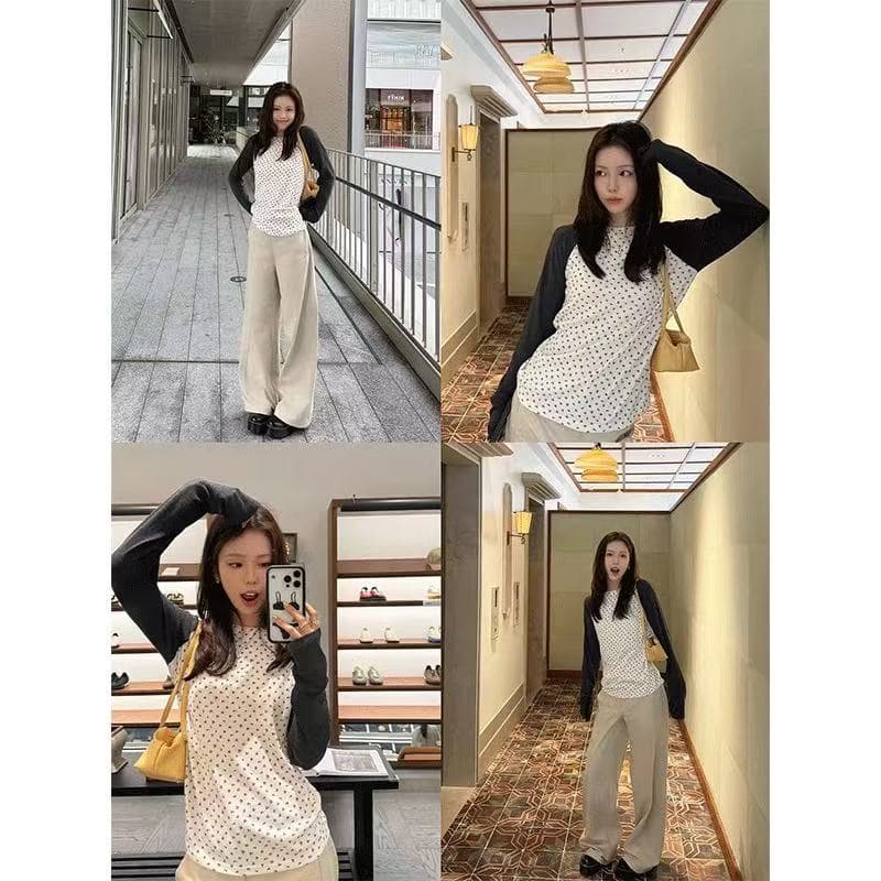 0g 사람들 면 천 인쇄 꽃무늬 탄소 회색 긴팔 라운드 넥 티셔츠 가을 삽입 어깨 의류 이미지 3