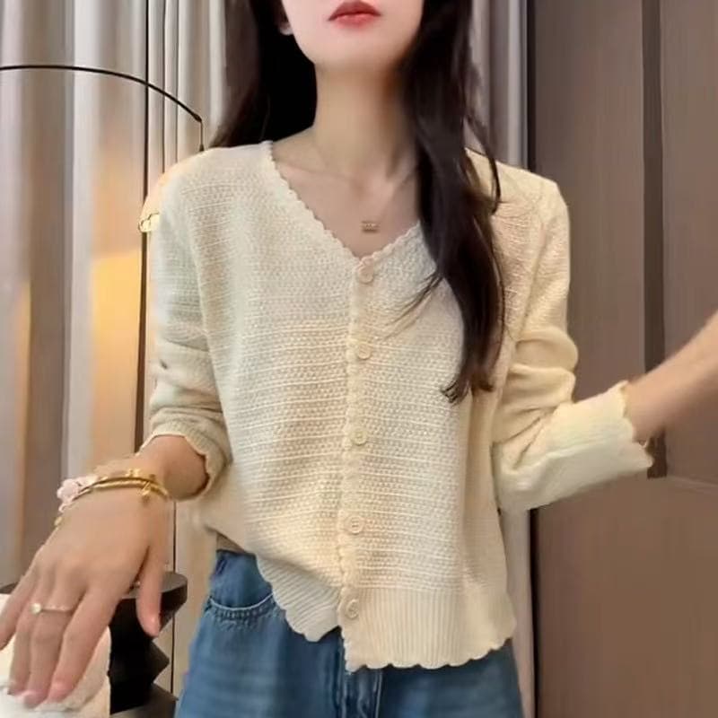 부드러운 바람 V넥 레이스 긴팔 니트 오픈 가디건 여성 새로운 루즈핏 슬림해 보이는 다용도 봄 가을 스웨터 코트 상세 이미지 3
