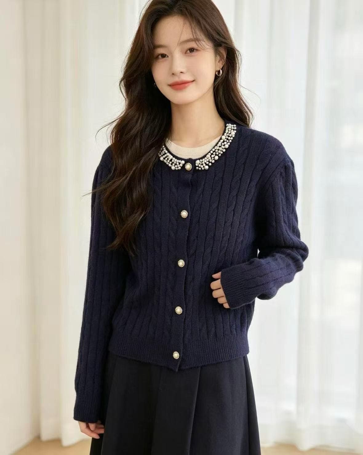 가을 겨울철 비즈 박기 라운드 넥 오픈 가디건 몸매 가꾸기 꽈배기 니트 재킷 해군 패션 품격 스웨터 상세 이미지 1