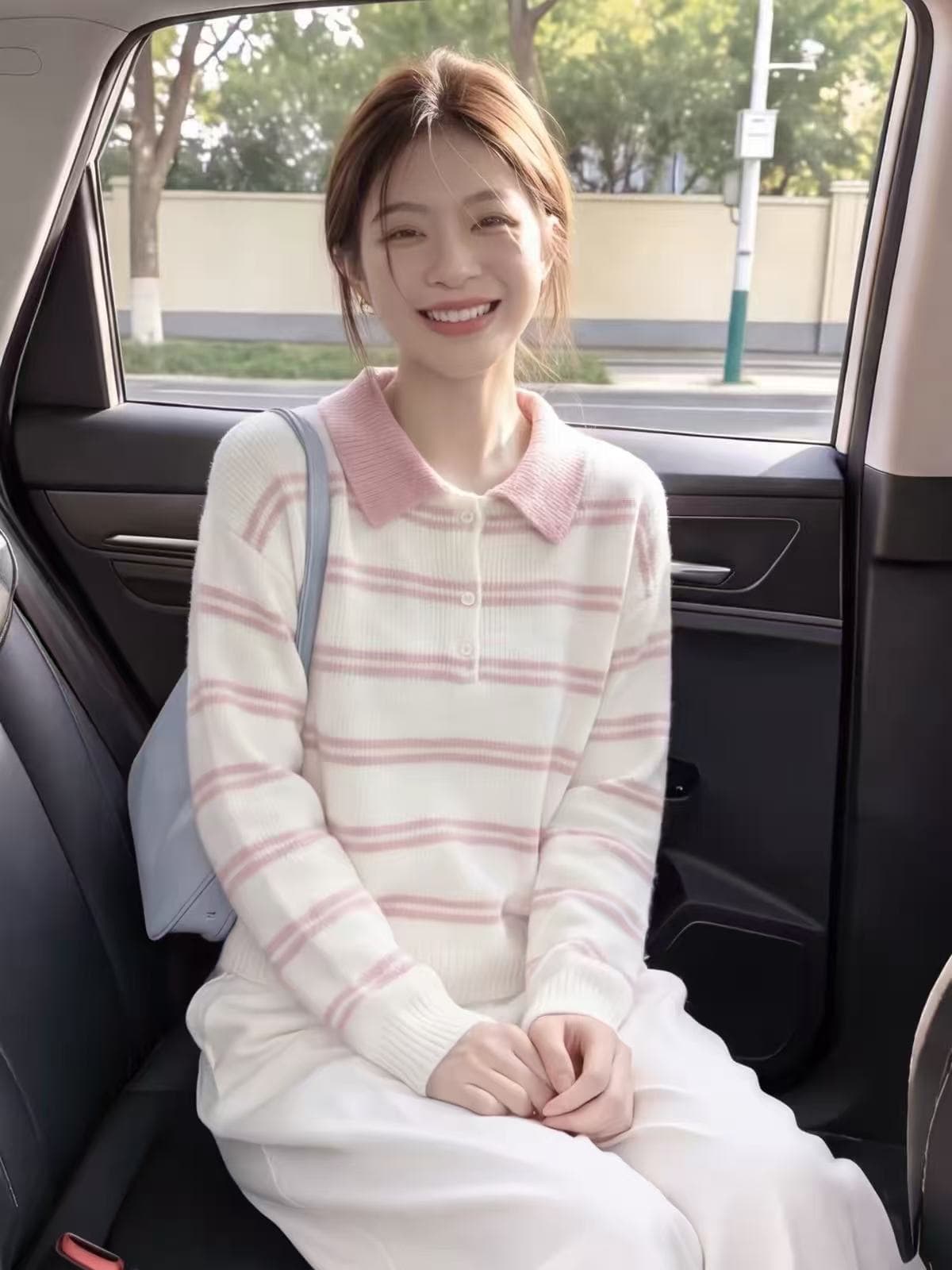 한 부서 핑크색 스트라이프 POLO 칼라 긴팔 니트 스웨터 여성 가을 겨울 달콤함 루즈핏 슬림해 보이는 고유 한 아름다운 스웨터 이미지 4