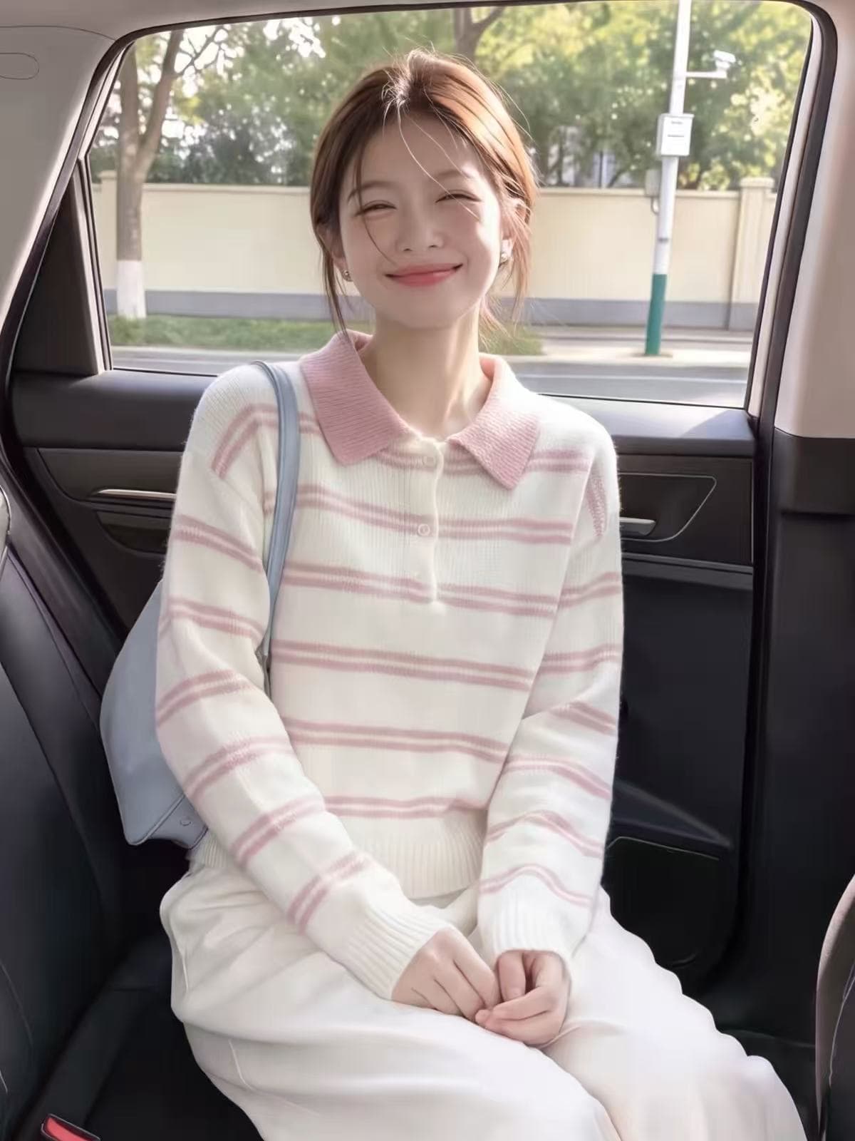 한 부서 핑크색 스트라이프 POLO 칼라 긴팔 니트 스웨터 여성 가을 겨울 달콤함 루즈핏 슬림해 보이는 고유 한 아름다운 스웨터 이미지 3