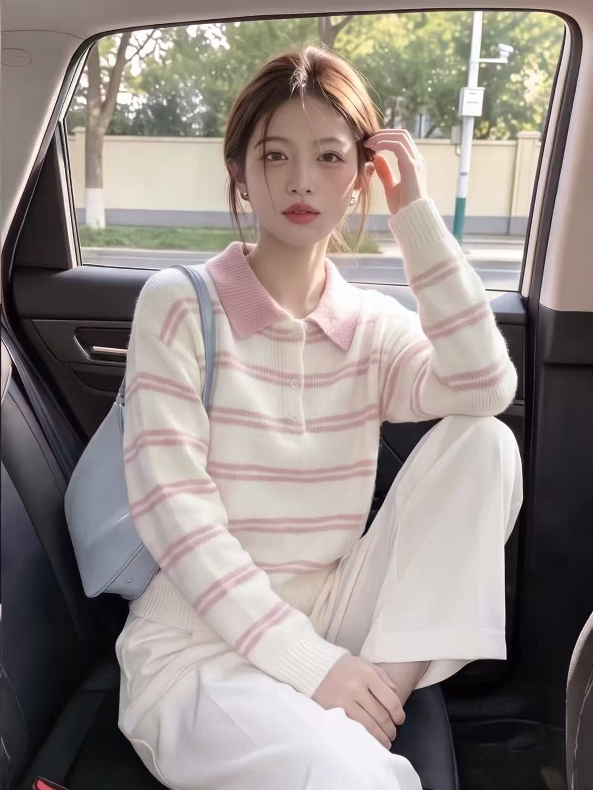 한 부서 핑크색 스트라이프 POLO 칼라 긴팔 니트 스웨터 여성 가을 겨울 달콤함 루즈핏 슬림해 보이는 고유 한 아름다운 스웨터 상세 이미지 1