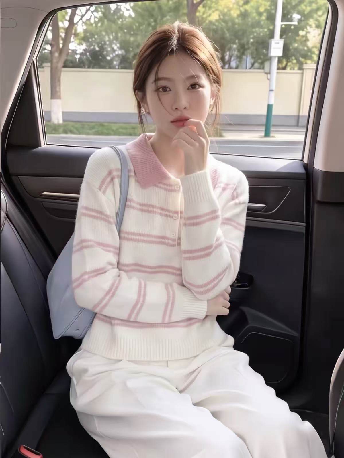 한 부서 핑크색 스트라이프 POLO 칼라 긴팔 니트 스웨터 여성 가을 겨울 달콤함 루즈핏 슬림해 보이는 고유 한 아름다운 스웨터 상세 이미지 3