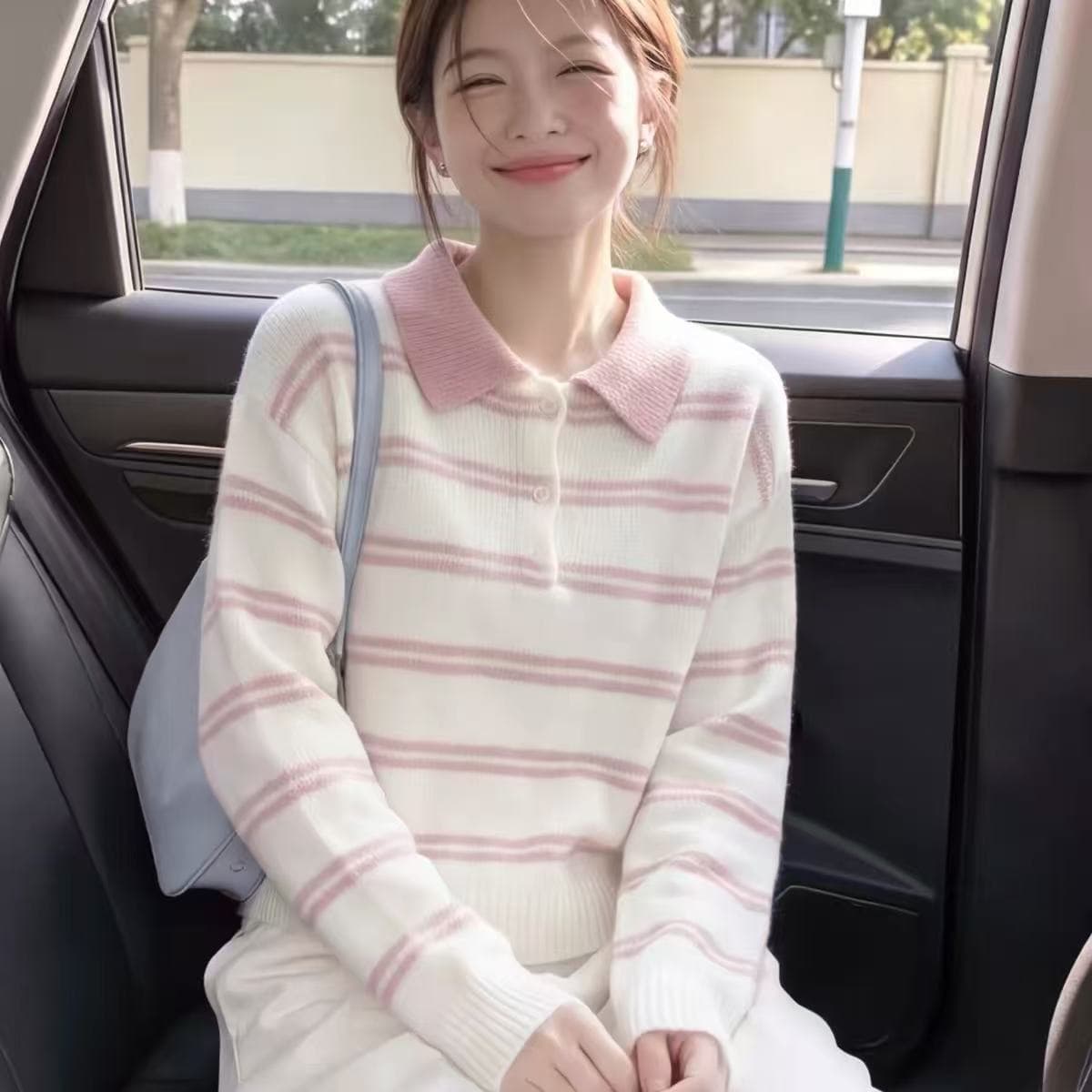 한 부서 핑크색 스트라이프 POLO 칼라 긴팔 니트 스웨터 여성 가을 겨울 달콤함 루즈핏 슬림해 보이는 고유 한 아름다운 스웨터 상세 이미지 5