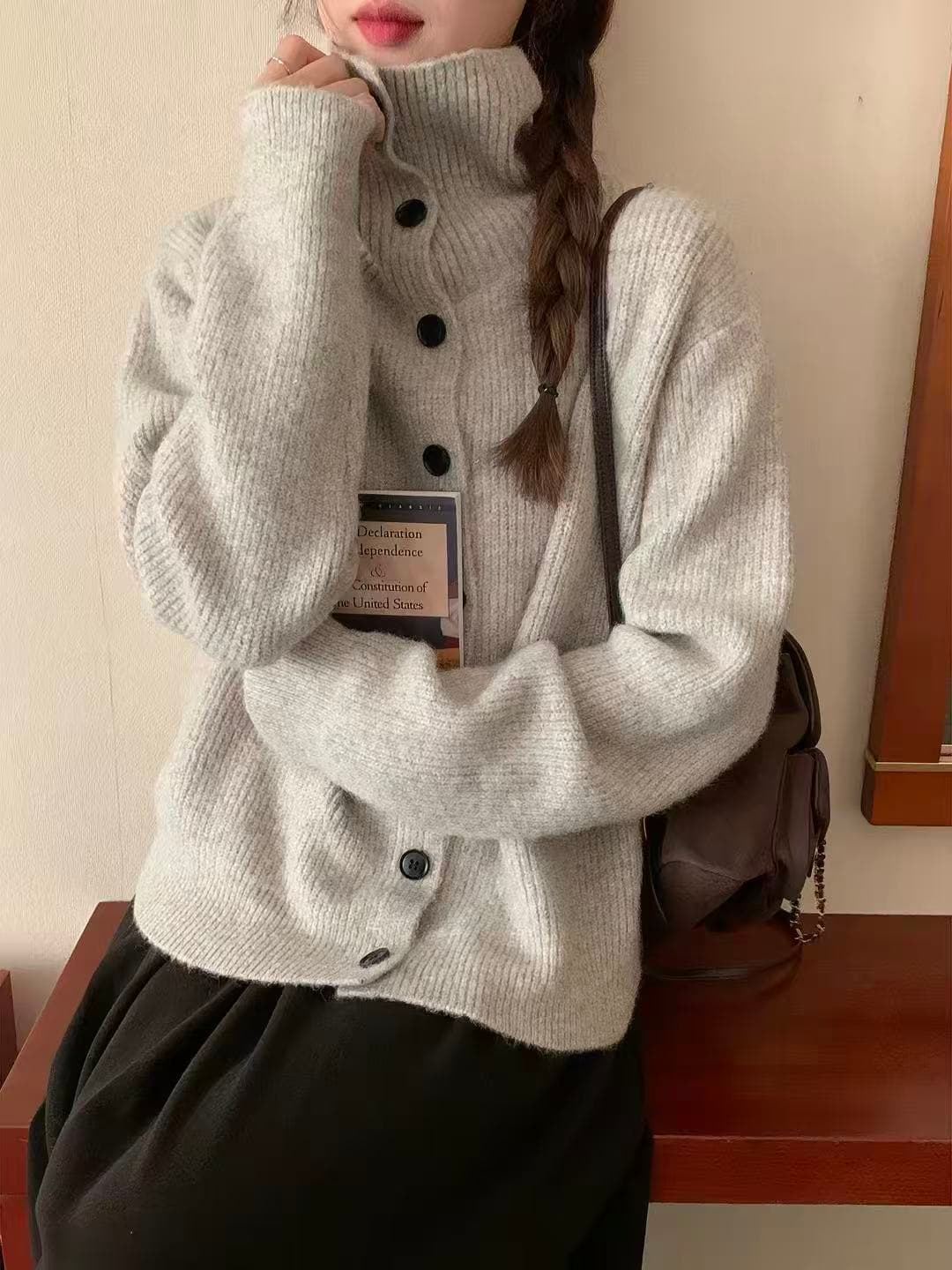 토지 작은 그룹 스탠드 칼라 스웨터 오픈 가디건 여성 2026 가을 한 부서 다용도 품격 연령 감소 슬림해 보이는 느긋한 바람 재킷 상세 이미지 3