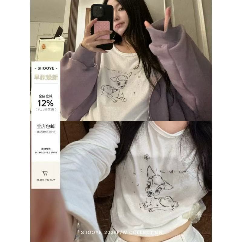siiooye 작은 사슴 플라크 면 100% 느슨함 센스 인쇄 하나 마키 연주 중 바닥 티셔츠 여성 가을 겨울 인사이드 가져 가라. 긴팔 맨위 상세 이미지 1