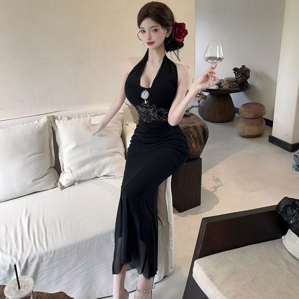 프랑스식 명문 여성 바람 섹시함 백리스 행침 목 드레스 디자인 센스 품격 허리 수축 연회 예복 타이트 스커트 롱 스커트 여름 이미지 5