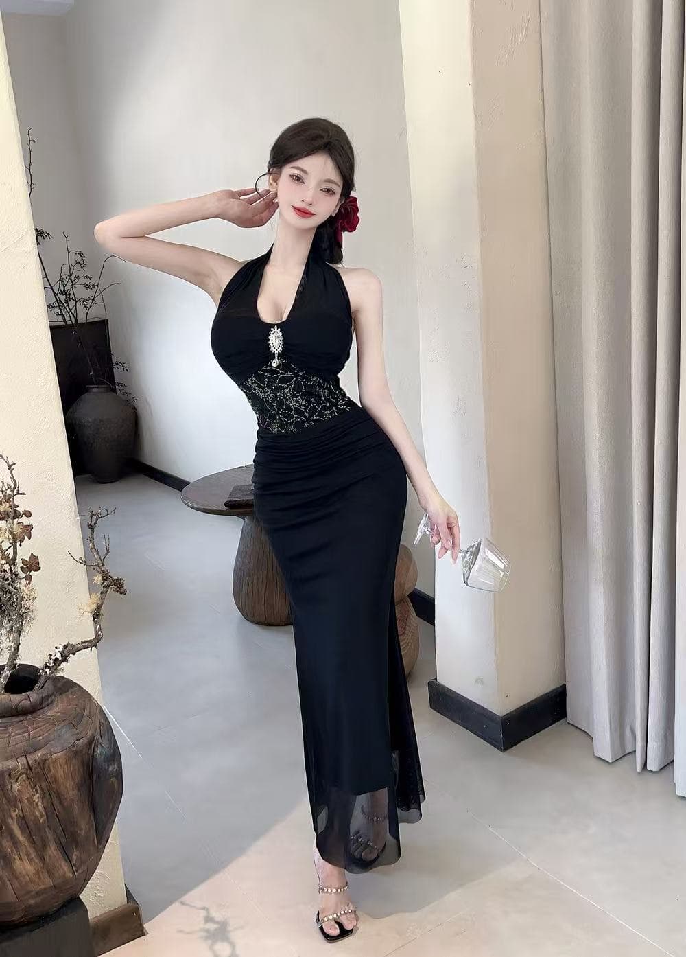 프랑스식 명문 여성 바람 섹시함 백리스 행침 목 드레스 디자인 센스 품격 허리 수축 연회 예복 타이트 스커트 롱 스커트 여름 상세 이미지 2