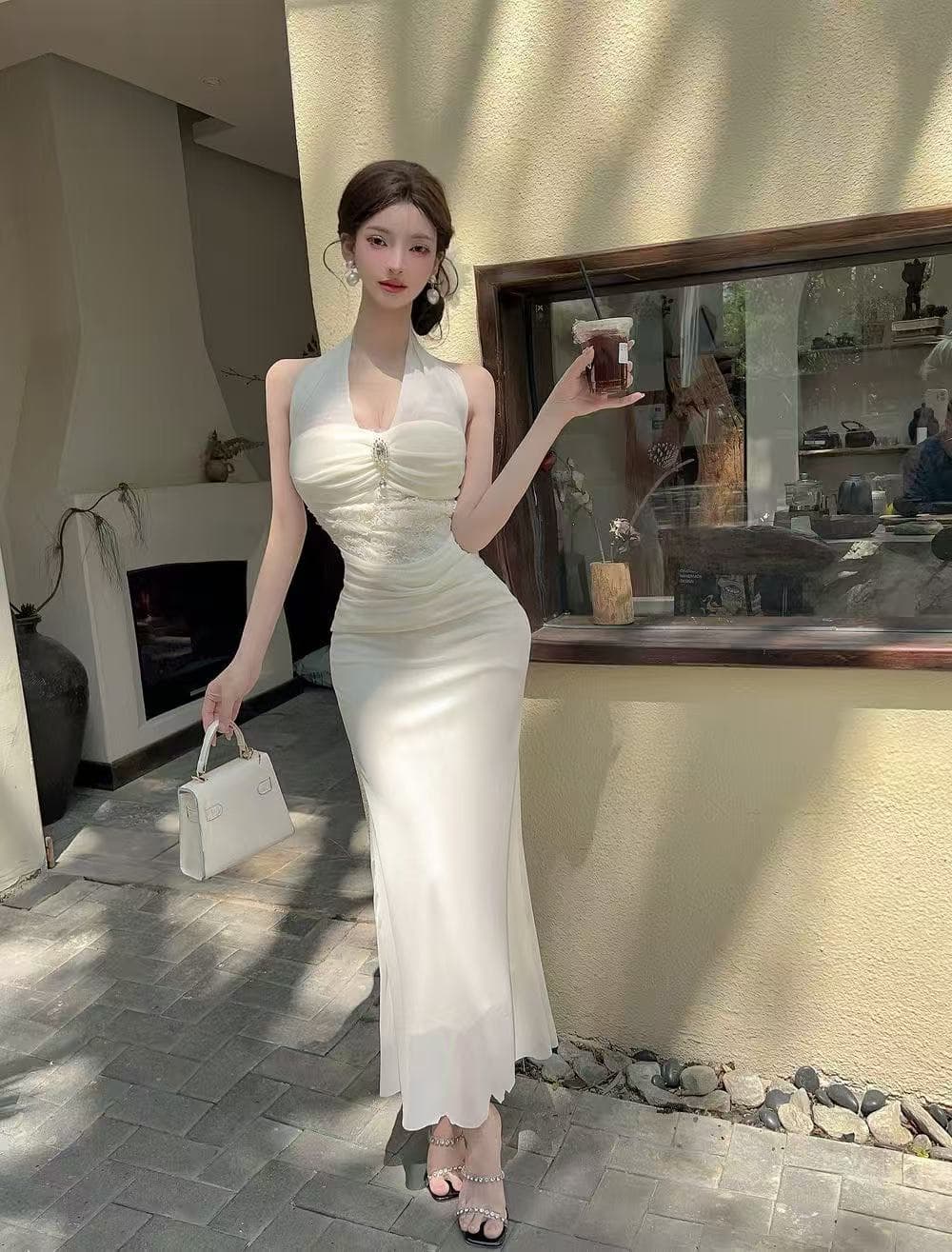 프랑스식 명문 여성 바람 섹시함 백리스 행침 목 드레스 디자인 센스 품격 허리 수축 연회 예복 타이트 스커트 롱 스커트 여름 상세 이미지 3