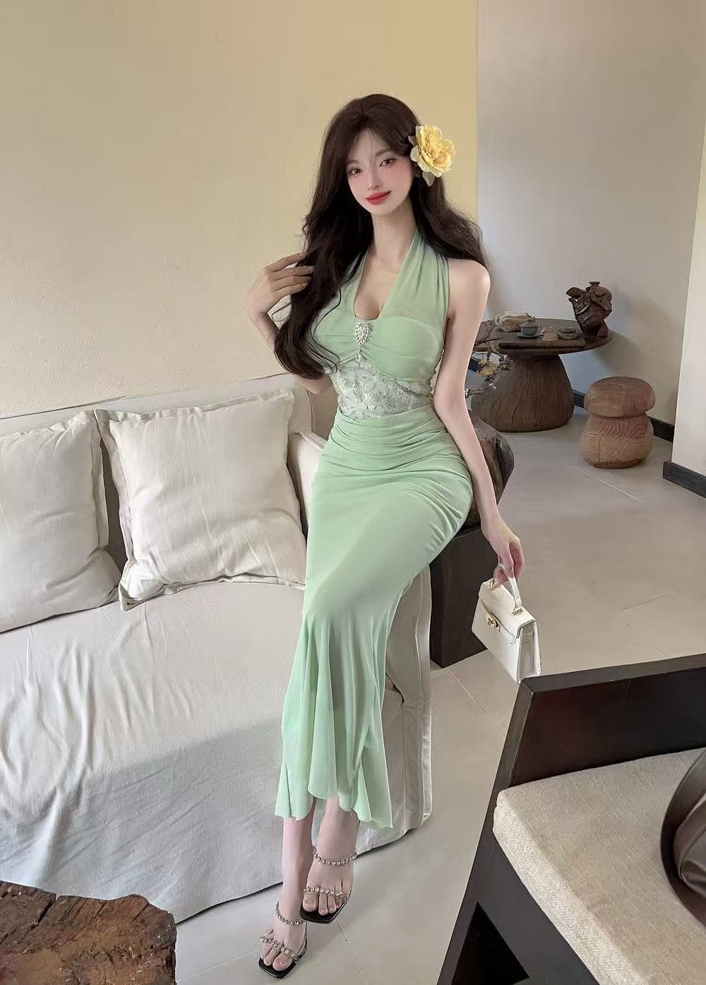 프랑스식 명문 여성 바람 섹시함 백리스 행침 목 드레스 디자인 센스 품격 허리 수축 연회 예복 타이트 스커트 롱 스커트 여름 상세 이미지 4