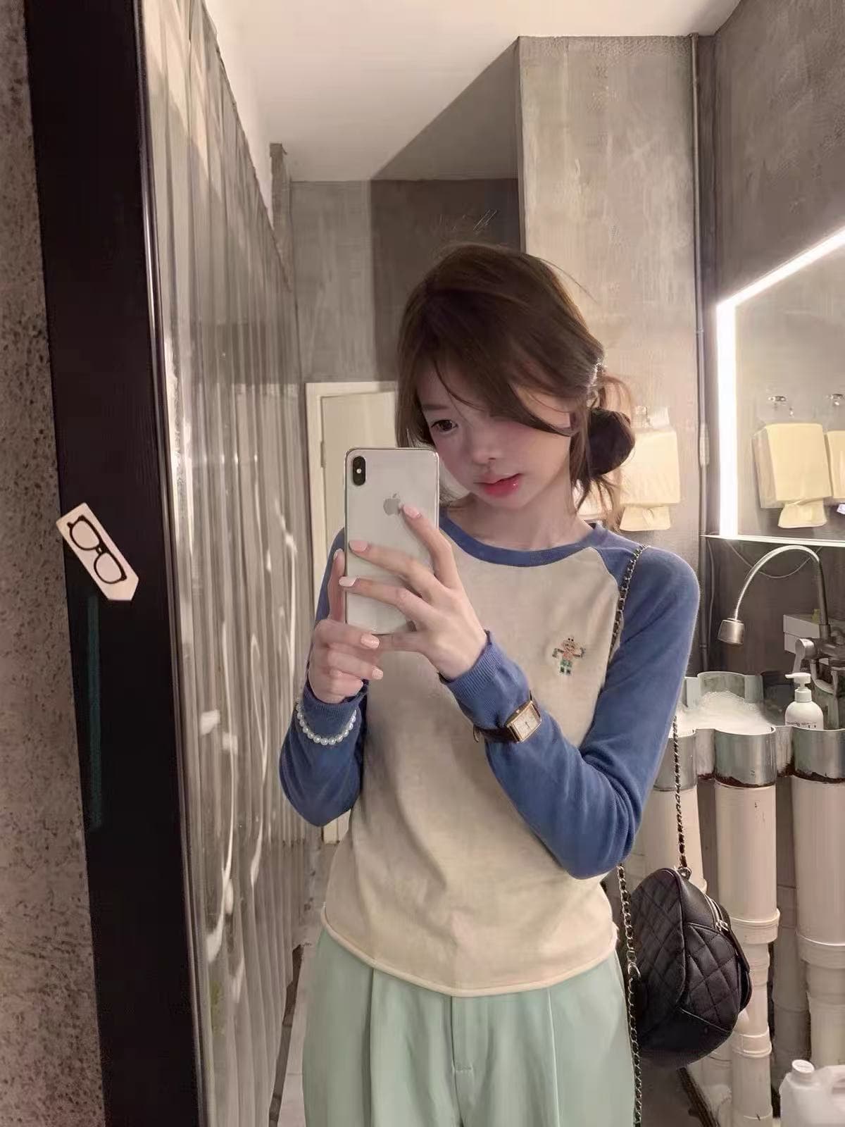 한 부서 배색 삽입 어깨 소매 짠 셔츠 여성 긴 소매 다용도 캐주얼 맨위 가을 얇은 스타일 품격 다용도 라운드 넥 상세 이미지 3