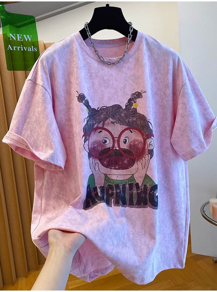 21 순면 특별 빅 사이즈 300 근 만화 핑크색 티셔츠 여성용 짧은 소매 2026 새로운 루즈핏 맨위 상세 이미지 5