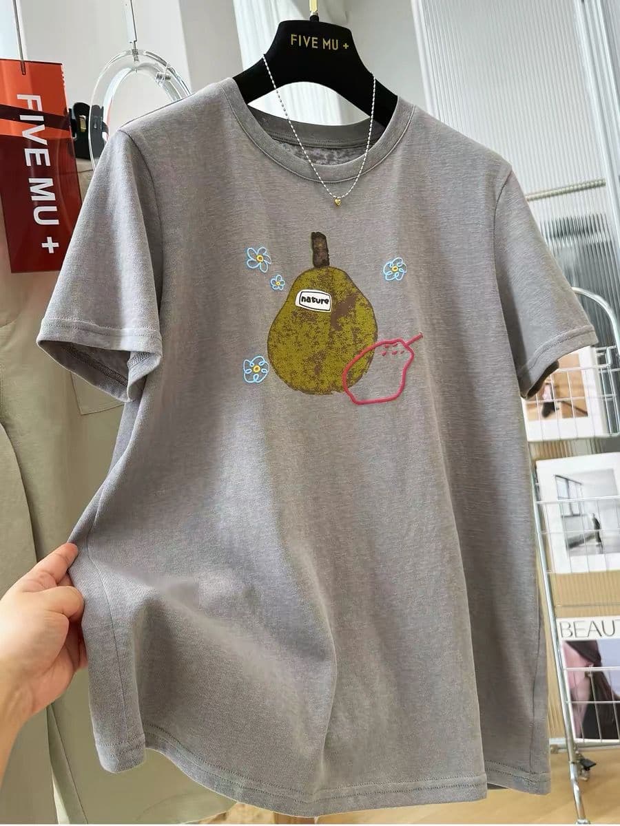 눈꽃 면 특별 빅 사이즈 300 근 Chic 프린트 캐주얼 반팔 티셔츠 여성 여름 맨위 상세 이미지 3