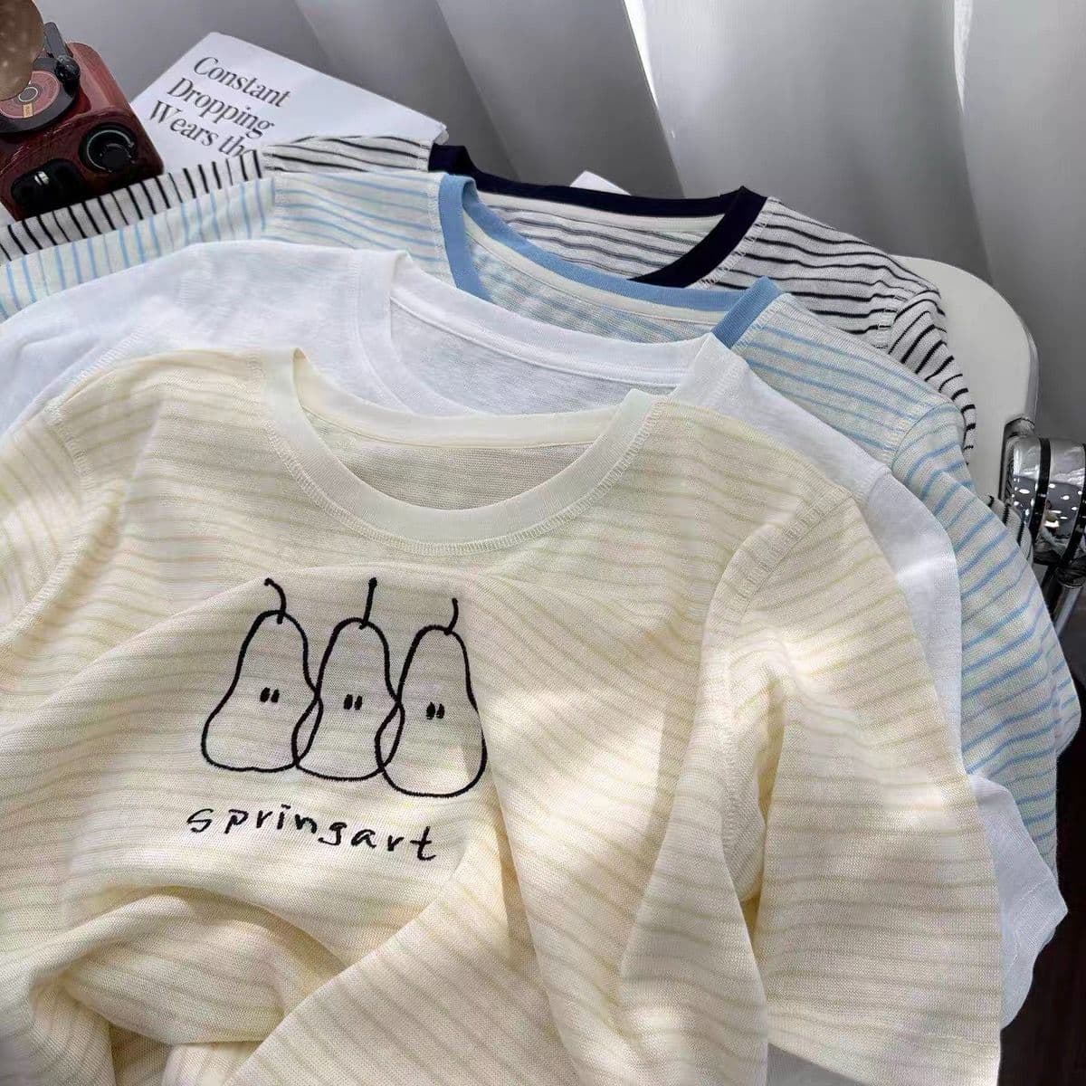 원본 원단 특별 빅 사이즈 300 근 세 배 스트라이프 패치워크 반팔 티셔츠 여성 여름 루즈핏 맨위