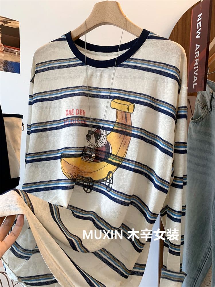 눈꽃 면 특별 빅 사이즈 300 근 바나나 개 이른 가을 루즈핏 만화 스트라이프 긴팔 티셔츠 상세 이미지 5