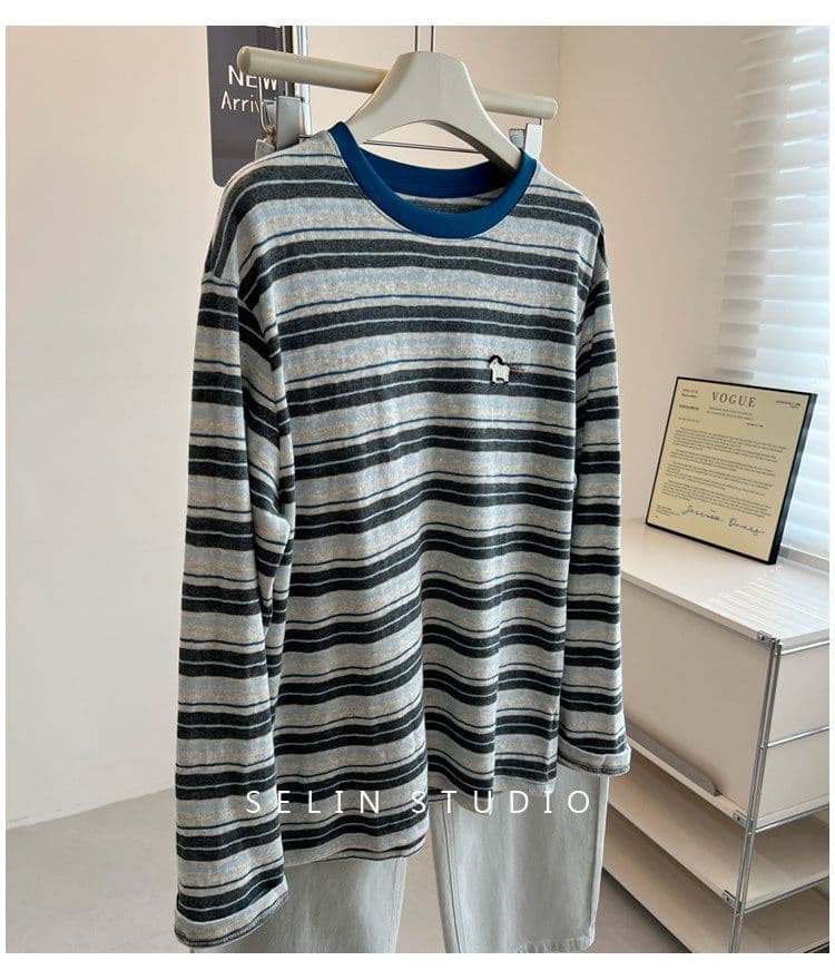 원본 원단 특별 빅 사이즈 300 근 한국 스타일 세련된 chic 스트라이프 작은 말 자수 긴팔 티셔츠 여성 상세 이미지 1
