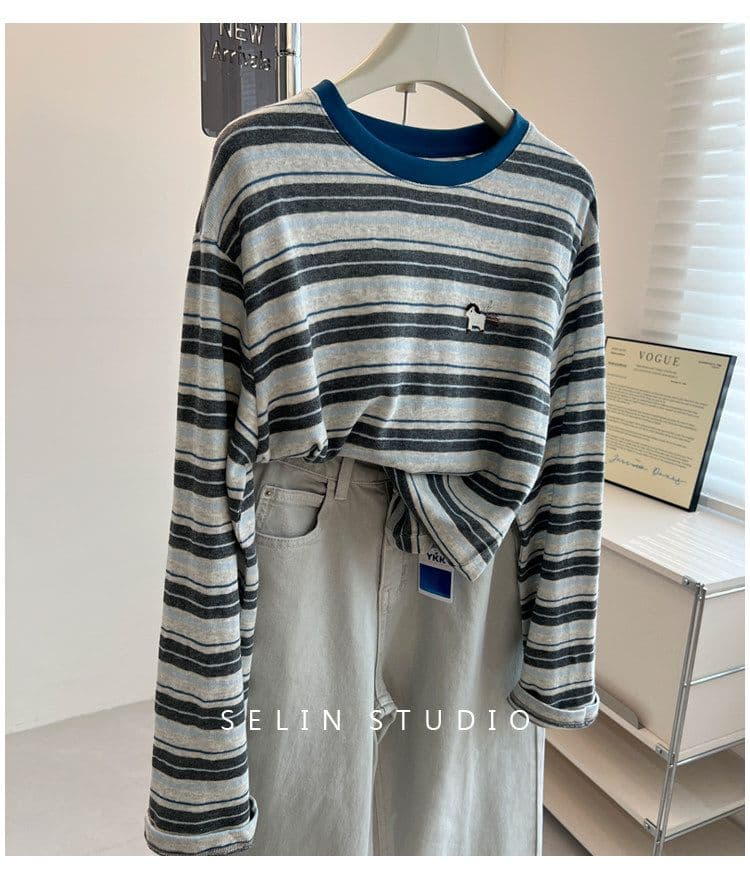 원본 원단 특별 빅 사이즈 300 근 한국 스타일 세련된 chic 스트라이프 작은 말 자수 긴팔 티셔츠 여성 상세 이미지 5
